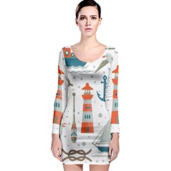 Nautical-elements-pattern-background Long Sleeve Bodycon Dress