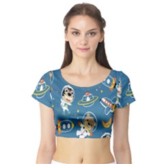 Seamless-pattern-funny-astronaut-outer-space-transportation Short Sleeve Crop Top