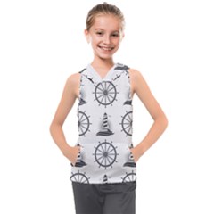 Marine-nautical-seamless-pattern-with-vintage-lighthouse-wheel Kids  Sleeveless Hoodie