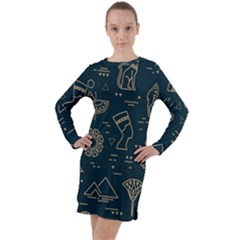 Dark-seamless-pattern-symbols-landmarks-signs-egypt -- Long Sleeve Hoodie Dress