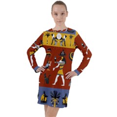 Ancient-egyptian-religion-seamless-pattern Long Sleeve Hoodie Dress