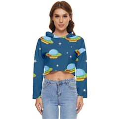 Seamless Pattern Ufo With Star Space Galaxy Background Women s Lightweight Cropped Hoodie