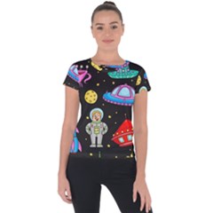 Seamless Pattern With Space Object Ufo Rocket Alien Hand Drawn Element Space Short Sleeve Sports Top  by Wegoenart