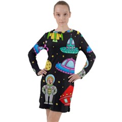 Seamless Pattern With Space Object Ufo Rocket Alien Hand Drawn Element Space Long Sleeve Hoodie Dress by Wegoenart