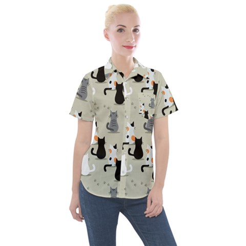 Cute-cat-seamless-pattern Women s Short Sleeve Pocket Shirt by Wegoenart