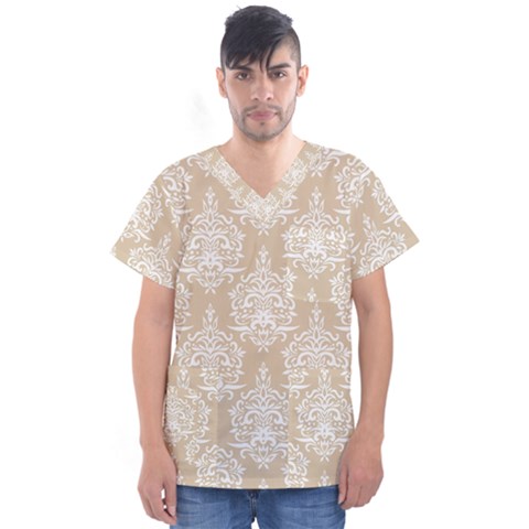 Clean Brown And White Ornament Damask Vintage Men s V-neck Scrub Top by ConteMonfrey