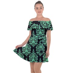 Black And Neon Ornament Damask Vintage Off Shoulder Velour Dress by ConteMonfrey