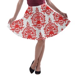 White And Red Ornament Damask Vintage A-line Skater Skirt by ConteMonfrey