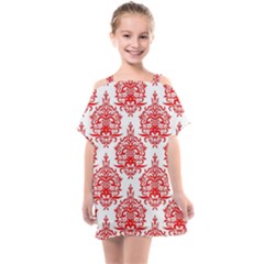 White And Red Ornament Damask Vintage Kids  One Piece Chiffon Dress by ConteMonfrey