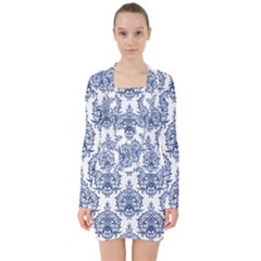 Blue And White Ornament Damask Vintage V-neck Bodycon Long Sleeve Dress