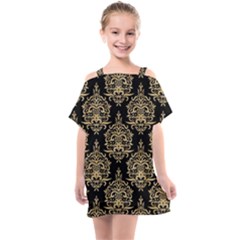 Black And Cream Ornament Damask Vintage Kids  One Piece Chiffon Dress by ConteMonfrey