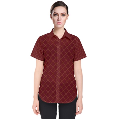 Diagonal Dark Red Small Plaids Geometric  Women s Short Sleeve Shirt by ConteMonfrey