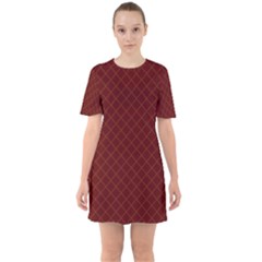 Diagonal Dark Red Small Plaids Geometric  Sixties Short Sleeve Mini Dress