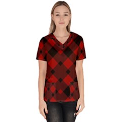 Red Diagonal Plaid Big Women s V-neck Scrub Top by ConteMonfrey