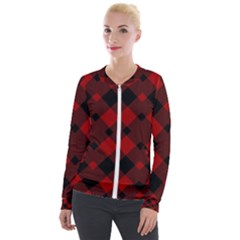 Red Diagonal Plaid Big Velvet Zip Up Jacket