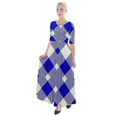 Blue Diagonal Plaids  Half Sleeves Maxi Dress