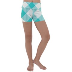 Blue Turquoise Diagonal Plaids Kids  Lightweight Velour Yoga Shorts by ConteMonfrey