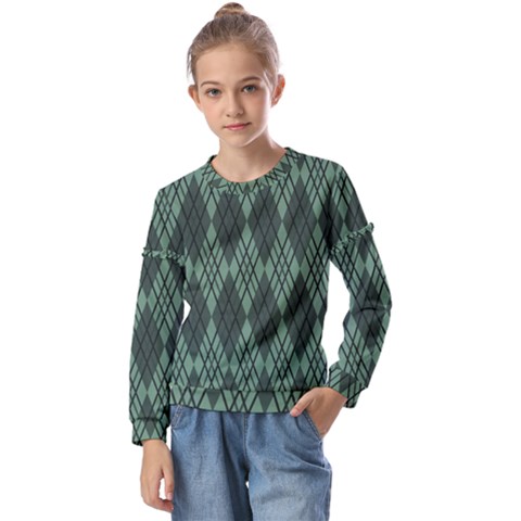 Dark Green Multi Colors Plaid  Kids  Long Sleeve Tee With Frill  by ConteMonfrey