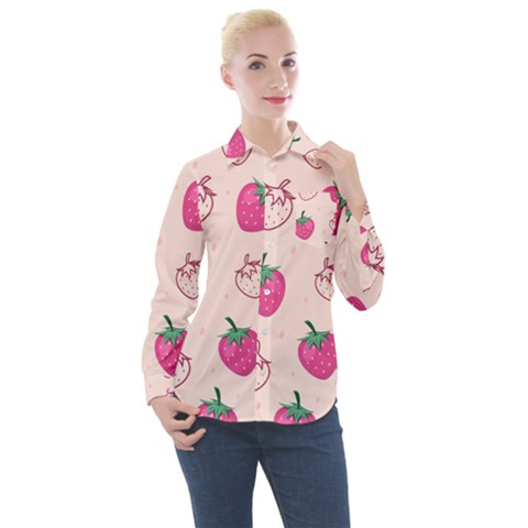 Seamless-strawberry-fruit-pattern-background Women s Long Sleeve Pocket Shirt by Wegoenart