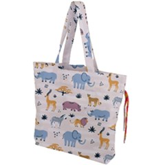 Wild-animals-seamless-pattern Drawstring Tote Bag by Wegoenart