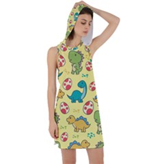 Seamless Pattern With Cute Dinosaurs Character Racer Back Hoodie Dress by Wegoenart