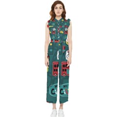 Seamless-pattern-hand-drawn-with-vehicles-buildings-road Women s Frill Top Chiffon Jumpsuit by Wegoenart