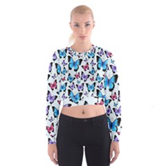 Decorative-festive-trendy-colorful-butterflies-seamless-pattern-vector-illustration Cropped Sweatshirt by Wegoenart