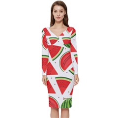 Watermelon Cuties White Long Sleeve V-neck Bodycon Dress  by ConteMonfrey