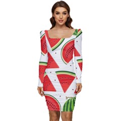 Watermelon Cuties White Women Long Sleeve Ruched Stretch Jersey Dress by ConteMonfrey