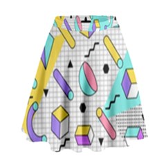 Tridimensional-pastel-shapes-background-memphis-style High Waist Skirt