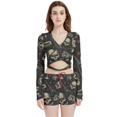 Grunge Seamless Pattern With Skulls Velvet Wrap Crop Top And Shorts Set