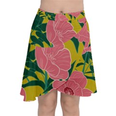 Pink Flower Seamless Pattern Chiffon Wrap Front Skirt