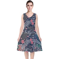 Japanese Wave Koi Illustration Seamless Pattern V-neck Midi Sleeveless Dress 