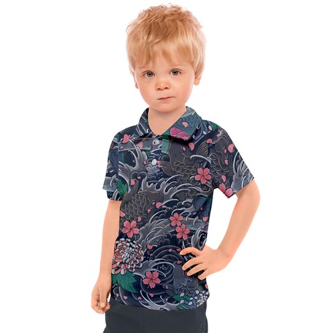 Japanese Wave Koi Illustration Seamless Pattern Kids  Polo Tee by Wegoenart