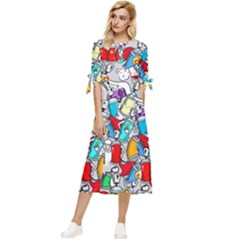 Graffit Characters Seamless Pattern Art Bow Sleeve Chiffon Midi Dress by Wegoenart