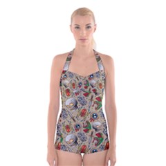 Tattoo Pattern Boyleg Halter Swimsuit  by Wegoenart