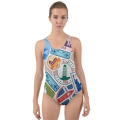 Travel Pattern Immigration Stamps Stickers With Historical Cultural Objects Travelling Visa Immigran Cut-out Back One Piece Swimsuit by Wegoenart