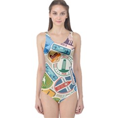 Travel Pattern Immigration Stamps Stickers With Historical Cultural Objects Travelling Visa Immigran One Piece Swimsuit by Wegoenart