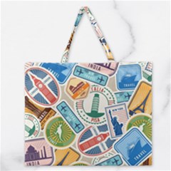 Travel Pattern Immigration Stamps Stickers With Historical Cultural Objects Travelling Visa Immigran Zipper Large Tote Bag by Wegoenart