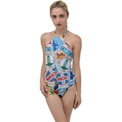 Travel Pattern Immigration Stamps Stickers With Historical Cultural Objects Travelling Visa Immigran Go With The Flow One Piece Swimsuit by Wegoenart