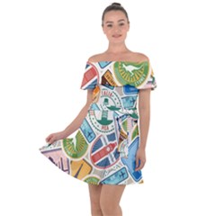 Travel Pattern Immigration Stamps Stickers With Historical Cultural Objects Travelling Visa Immigran Off Shoulder Velour Dress by Wegoenart