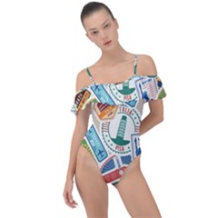 Travel Pattern Immigration Stamps Stickers With Historical Cultural Objects Travelling Visa Immigran Frill Detail One Piece Swimsuit by Wegoenart