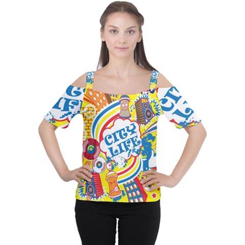 Colorful City Life Horizontal Seamless Pattern Urban City Cutout Shoulder Tee by Wegoenart