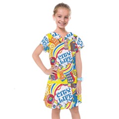 Colorful City Life Horizontal Seamless Pattern Urban City Kids  Drop Waist Dress by Wegoenart