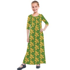 Orange Leaves Green Kids  Quarter Sleeve Maxi Dress