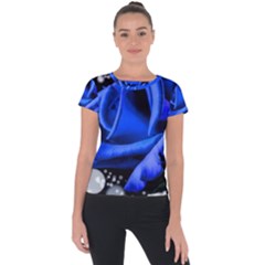 Blue Rose Bloom Blossom Short Sleeve Sports Top  by Wegoenart