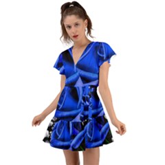 Blue Rose Bloom Blossom Flutter Sleeve Wrap Dress by Wegoenart