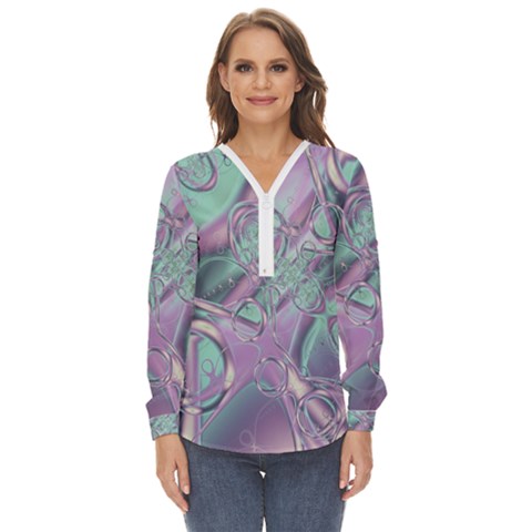 Illustration Fractal Pattern Modern Art Digital Zip Up Long Sleeve Blouse by Ravend