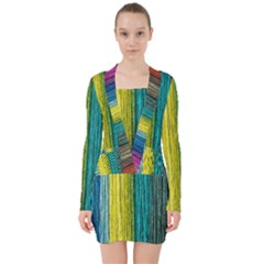 Line Rope Fiber Close Up Multicoloured Background V-neck Bodycon Long Sleeve Dress by Wegoenart