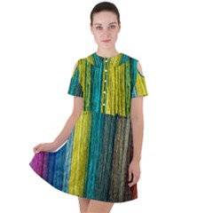 Line Rope Fiber Close Up Multicoloured Background Short Sleeve Shoulder Cut Out Dress  by Wegoenart